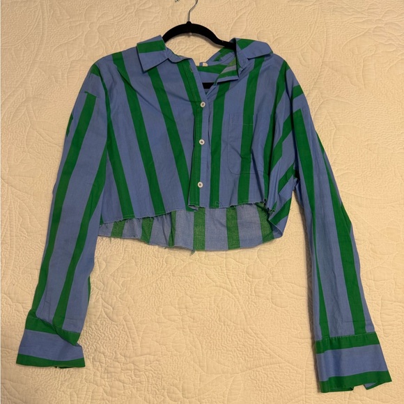 Striped Cropped Button-Up Shirt in Blue and Green - Picture 2 of 4
